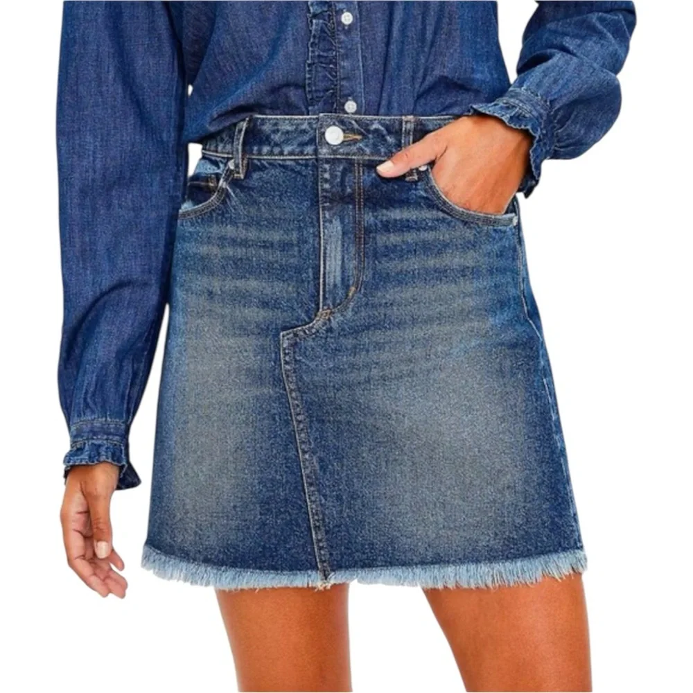 LOFT Denim Mini Skirt Size 8 Medium Blue Wash Frayed Raw Hem